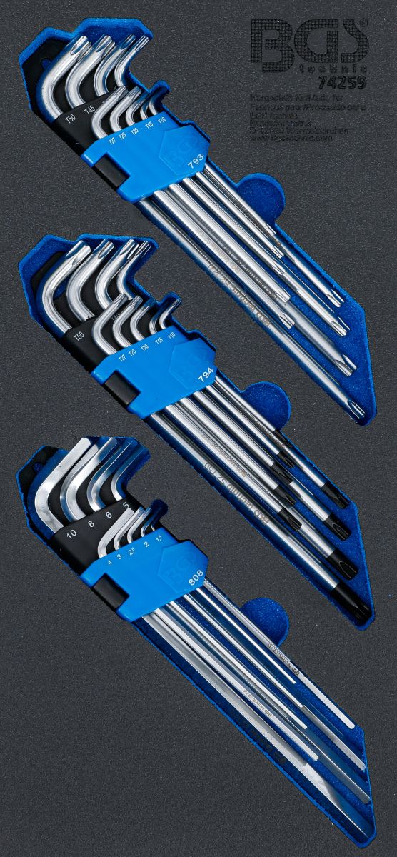 Tool Tray 1/3: L-Type Wrench Set | extra long | T-Star (for Torx), T-Star tamperproof (for Torx), Internal Hexagon | 27 pcs.