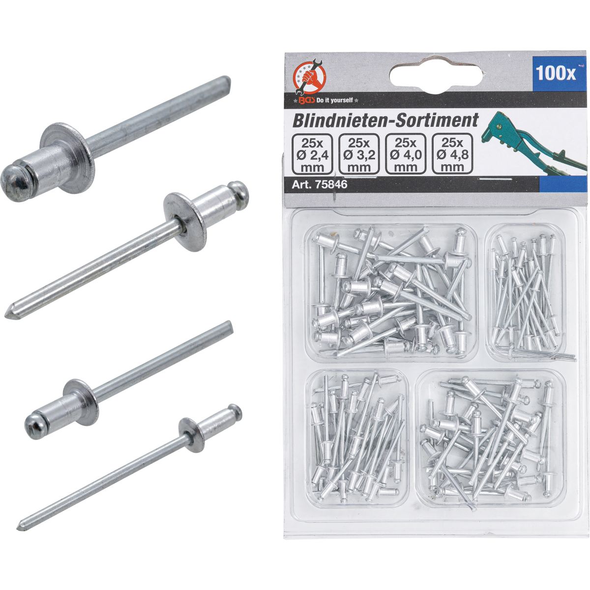 Assortiment de rivets pop | Ø 2,4 - 4,8 mm | 100 pièces