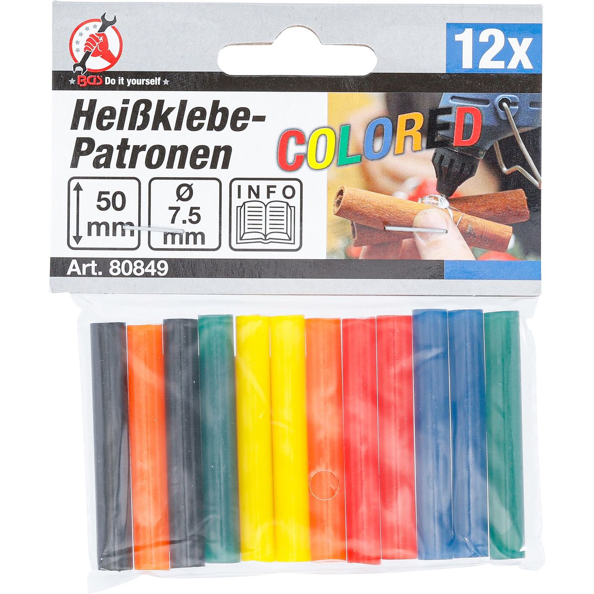 Bâtonnets de colle chaude | multicolores | Ø 7,5 mm, 50 mm | 12 pièces