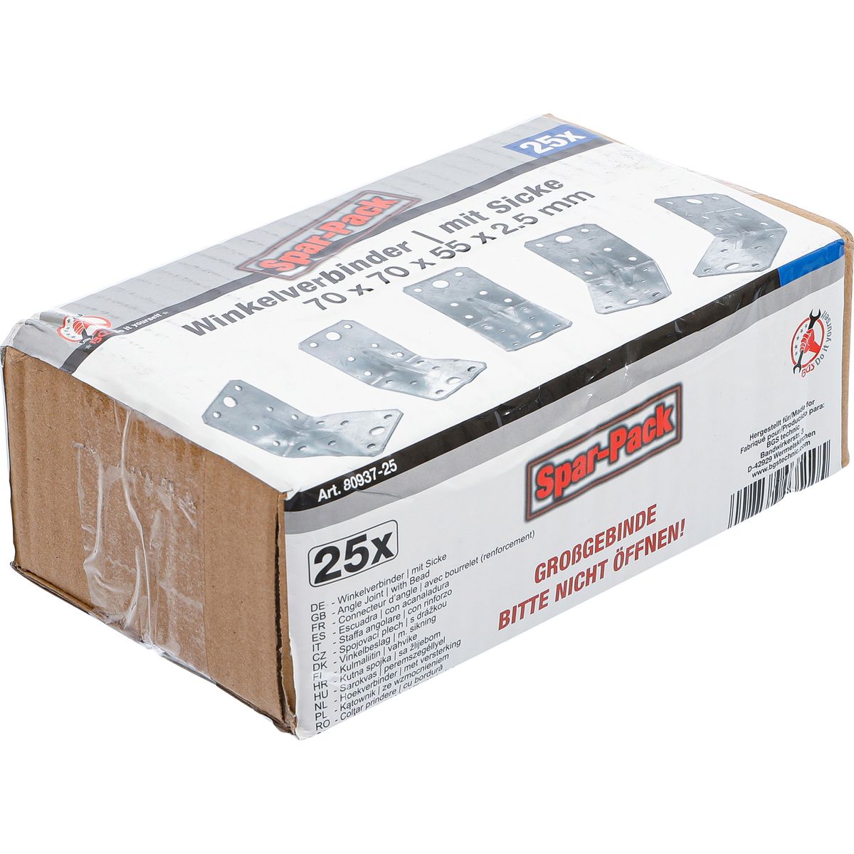 Winkelverbinder | mit Sicke | 70 x 70 x 55 x 2,5 mm | Spar-Pack | 25 Stück