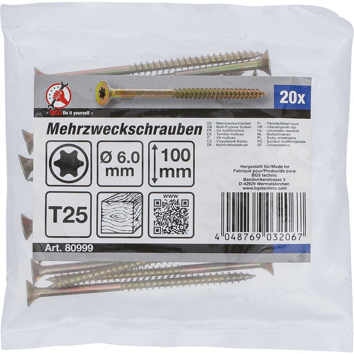 Mehrzweckschrauben | T-Profil (für Torx) T25 | 6,0 x 100 mm | 20 Stück