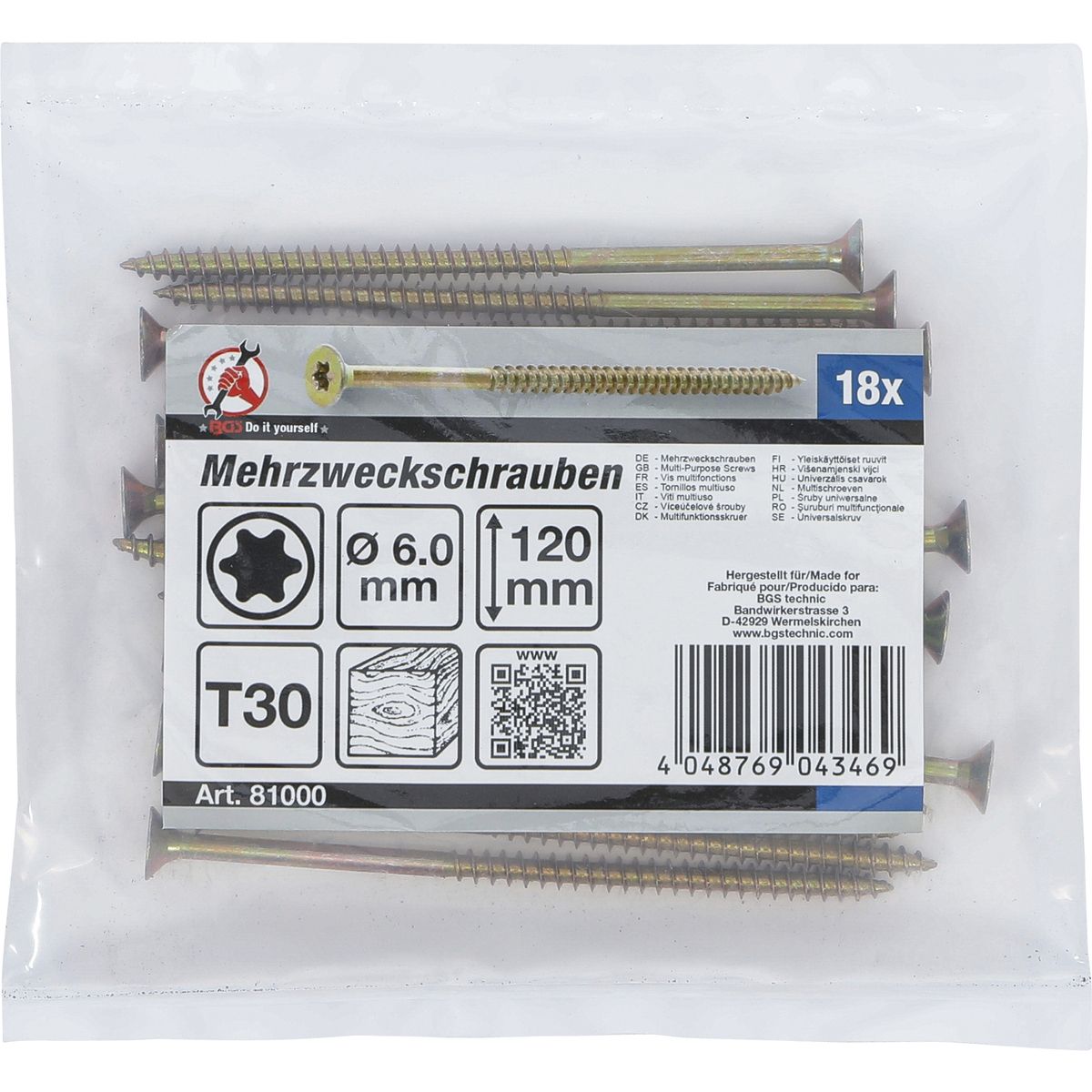 Tornillos multiuso | con perfil en T (para Torx) T30 | 6,0 x 120 mm | 18 piezas