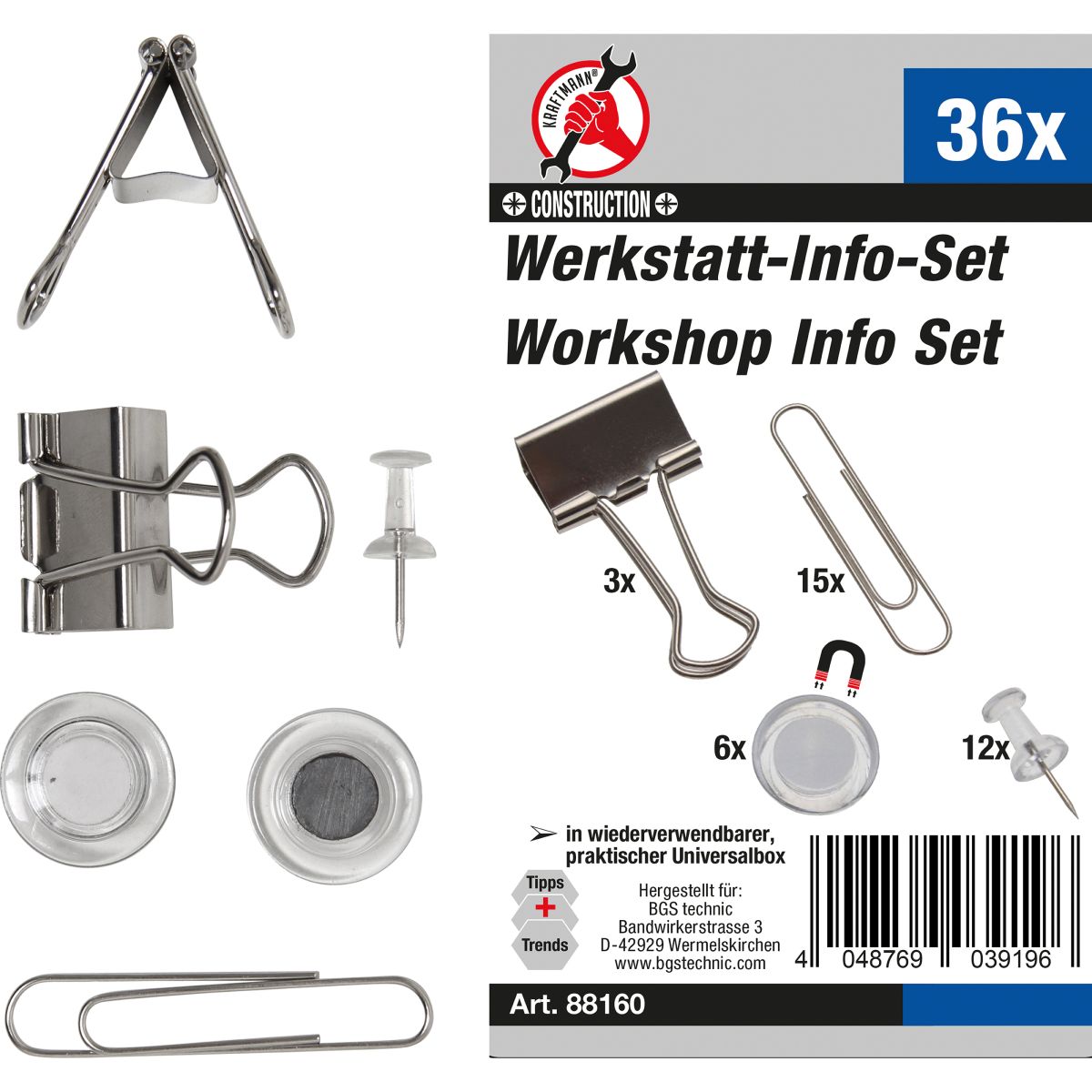 Werkstatt-Info-Satz mit Büroklammern, Magneten, Nadeln | 36-tlg.