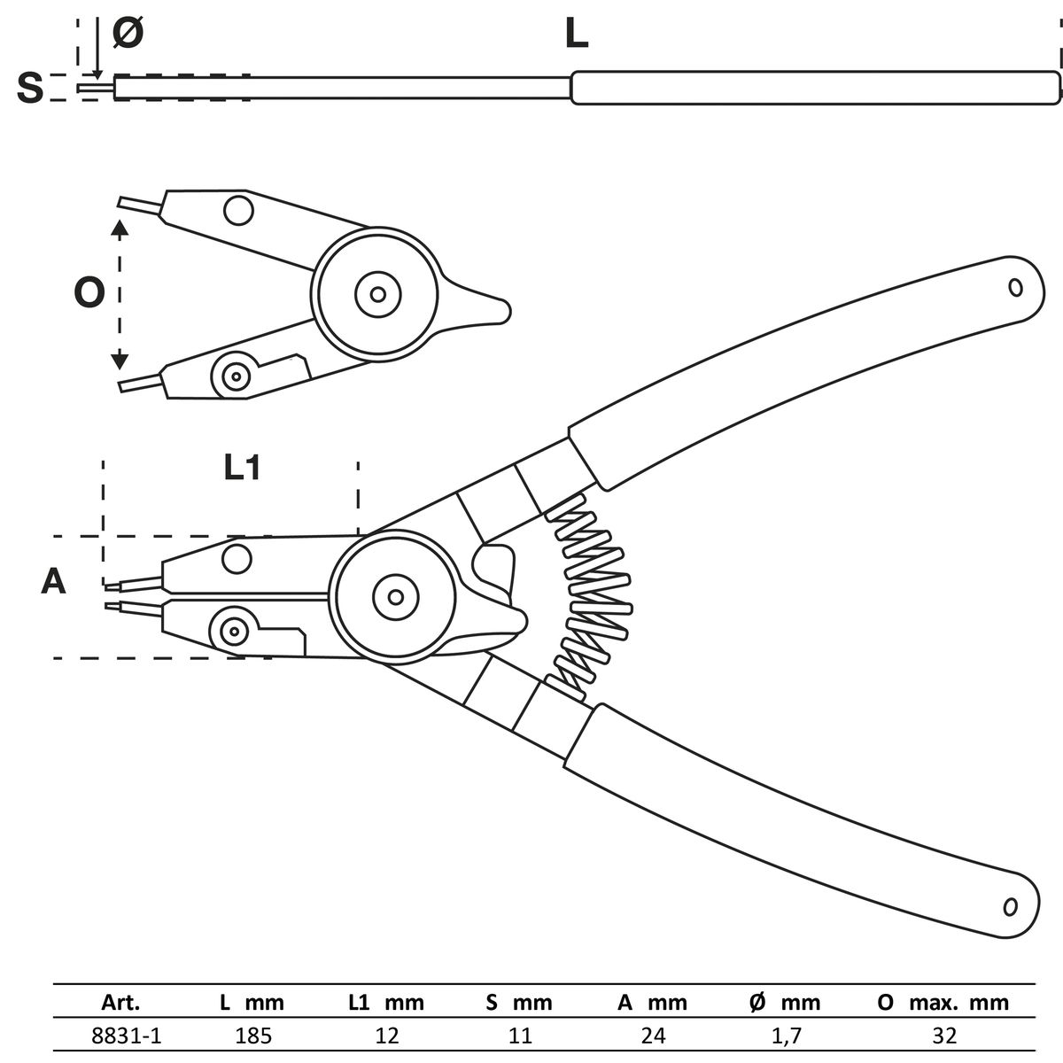 Sprengringzange | für Außen-/Innensprengringe | auswechselbare Spitzen | 180 mm