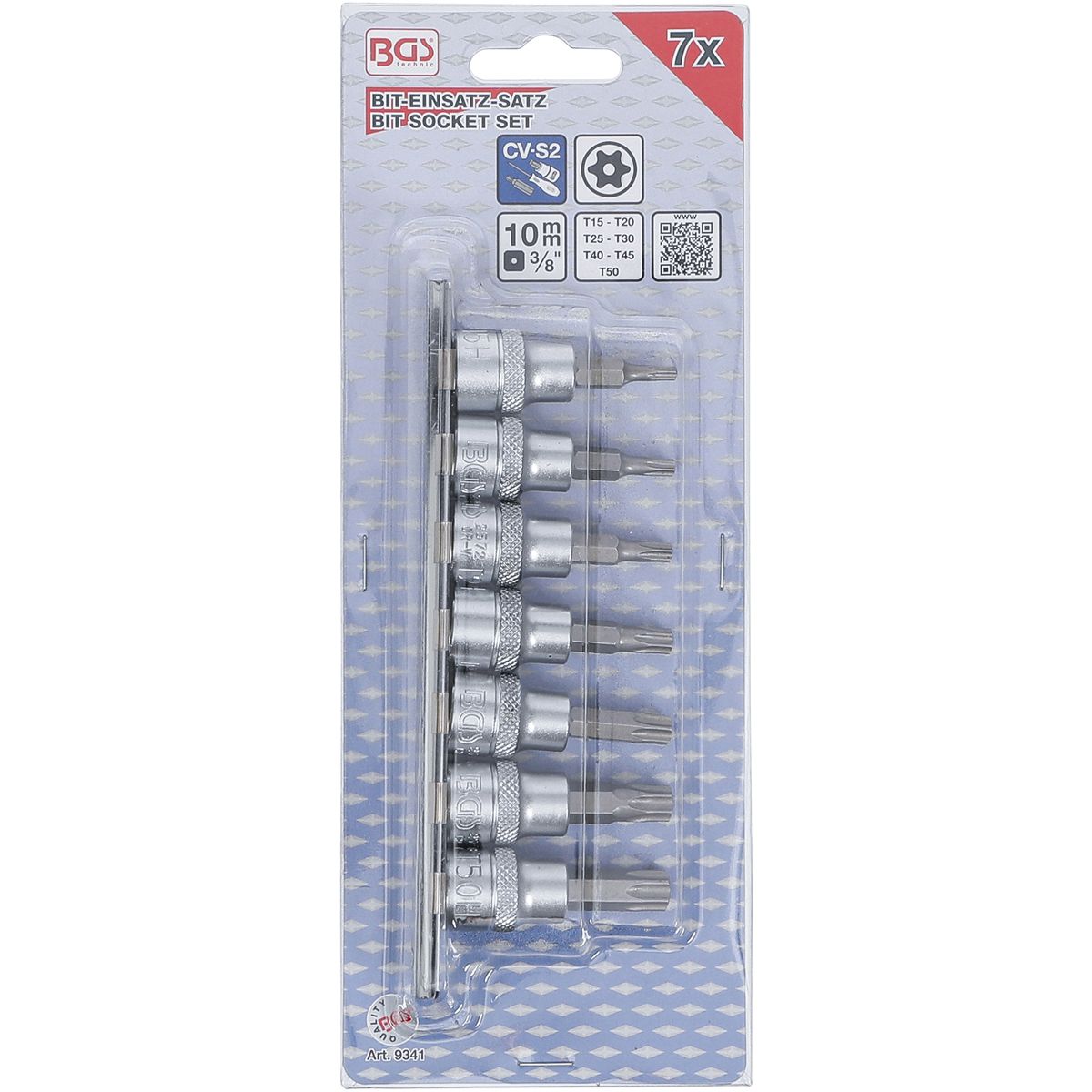 Jeu de douilles à embouts | 10 mm (3/8") | Profil T (pour Torx Plus) avec perçage T15 - T50 | 7 pièces